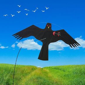 PESTEZE Black Flying Hawk 46 x 26 Inch Kite Bird Deterrent with 13 ft Flagpole. Use in Yards & Farms to Protect Vegetables, Fruits, Crops & Property from Pest Birds & Critters Without Harming Them