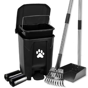 Dog Pooper Scooper, Long Handle Metal Pooper Scooper Set, Dog Poop Trash Can with Removable Inner Bin and 40 Waste Bags, for Large Dogs Yard Garden, Grey