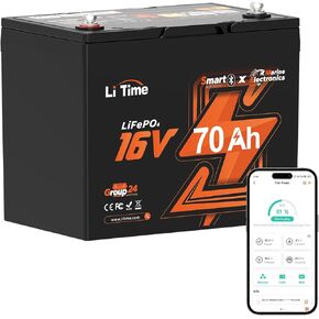 LiTime 16V 70Ah LiFePO4 Lithium Battery, Bluetooth 5.0, Low-temp Protection, Built-in 70A BMS, 4000+ Cycles, IP65, Perfect for Fish Finders Sonars Radars