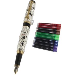Gullor Noblest Dragon and Phoenix Fountain Pen with PU leather pen pouch and 5 colour ink cartridge - Antique Silver