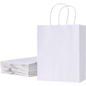 SUNCOLOR 25 Pack White Gift Bags with Handles – 8x4.5x10 Medium Bags for Shopping, Retail, DIY, Wedding, Party Favors & Valentine’s Day