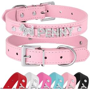 Didog Smooth PU Leather Custom Dog Collars with Rhinestone Personalized Name Letters, Fit Small Medium Dogs, Pink, XS
