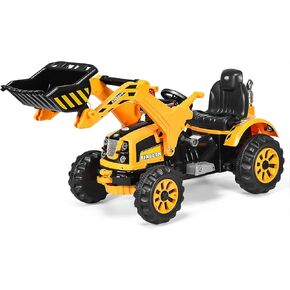 HONEY JOY Ride on Excavator, 12V Battery Powered Construction Vehicles for Kids, Front Loader Shovel w/Horn, 2 Speeds, Forward/Backward, Safety Belt, Kids Bulldozer for Boys Girls(Yellow)