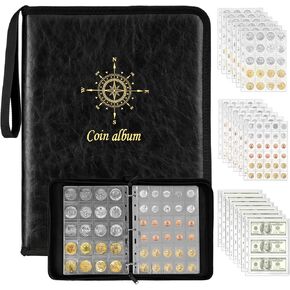 Coin Collection Book Coin Binder Album Collecting Holder for Collectors, Organizer Supplie with 300 Coin Pockets & 24 Bill Pockets, PU Leather Display Storage Case with Zipper & Carry Strap