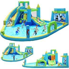 Inflatable Water Slide Park for Kids, 9-in-1 Large Inflatable Bouncy House Splash Pool Suitable, for Backyard Bounce House Water Slide with Basketball Hoop Football Goal and Boxing Bag