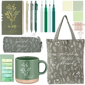 25 Pcs Bible Journaling Kit Ceramic Mug Canvas Bag Leather Notebook Highlighter Pen Pouch Sticky Notes Paper Clip Study Supplies Christian Gift for Women Teacher VBS(Green,Bible Verse)