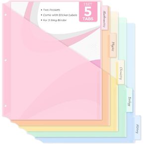 SKYDUE Binder Dividers with Two Pockets, 5 Tabs Dividers for 3 Ring Binder, Plastic Binder Dividers with Tabs for School, Office, and Home Organization,Blue
