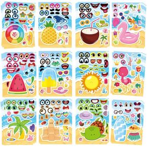 48 pcs Summer Fun Make-a-Face Sticker Set for Kids,Create Your Own Faces with Summer Beach Sticker Sheets,Party Favors Kids Crafts, Goodie Bags Stuffers, Classroom Rewards