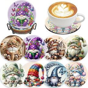 8 PCS GNOME Diamond Art Coasters-Gnomes Diamond Painting Coasters مجموعات مع Holder ، DIY Gnome Coasters مع قواعد الفلين للمبتدئين في البالغين كهدية ديكورز