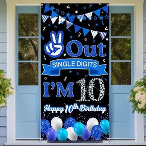 Out Single Digits I'm 10 Door Banner Blue Happy 10th Birthday Party Sign for Boys Ten Years Old Birthday Party Decoration Supplies 10th Birthday Party Poster Background Photo Booth Props