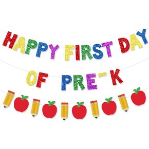 Back to School Decorations Happy First Day of Pre-K Banner Pre-Strung Pencil Apple Garland for Classroom Teacher Office School Photo Backdrop Party Favors Colorful Glitter NO DIY