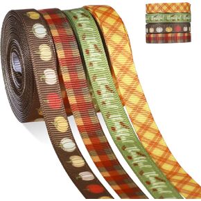 Grosgrain Craft Ribbon Fall Thanksgiving Pumpkin Plaid Gingham Thankful Wrapping Ribbon 4 Rolls 3/8'' Width 20 Yards for Bows Autumn Harvest
