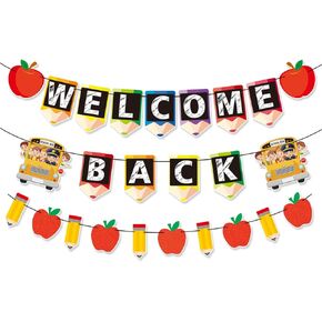 Welcome Back to School Banner Decorations 9.8 Feet Welcome Pencil Apple Decor Happy First Day of School Garland for Classroom Teacher Office Home Party