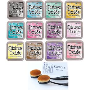 Tim Holtz Ranger Distress Oxide Ink Pad Bundle Includes 12 Popular Colors, 2 Carnora Blending Brushes, Total of 14 Items