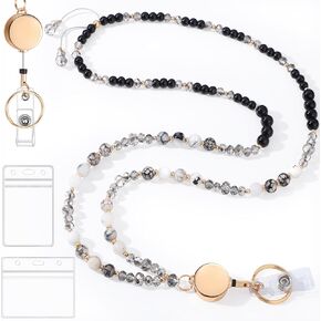 BESARME Retractable Lanyards for ID Badges Cute Teacher Lanyard with ID Holder Natural Stone Beaded Lanyard for Women（Texture Black）