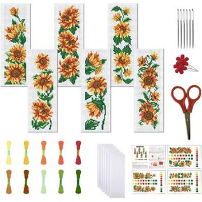 FREEBLOSS 6 Set Sunflower Cross Stitch Bookmark Kits DIY Bookmarks Cross Stitch Kits Stamped Embroidery Bookmarks for Beginners Cross Stitch Projects for Book Lovers Embroidery Stitches Kit