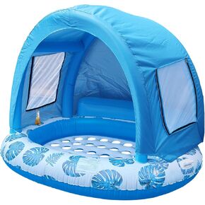 Floating Island Pool Float with Canopy,2-Person Extra Large Inflatable Water Float,UPF50+ Sun Protection,Built-in Cup Holders,Blue,70" x 60"