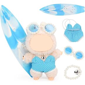 ﻿MVOHSMVO Clothes Set for 17cm Doll, Hat Overalls Accessories Suit Set for Standing/Sitting LABUBU or Any 17cm/6.7inch Doll (Blue Swimsuit/Surfboard/Necklace/Glasses)