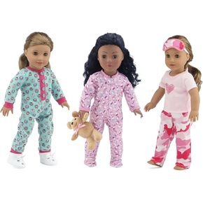 Emily Rose 18 Inch Doll Cozy 7-PC 3 Pajama PJs Bundle Sleep Set Collection with Toy Teddy Bear | Compatible with 18" American Girl Dolls | USA Business