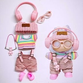 One, Two and Three Generations of Laabu Clothes, Fish Bone Set, six-Piece Set of Labu Clothes, 17cm (Strap Pants+T-Shirt+Headphones+hat+Glasses+Shoes+Pendant)