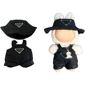 Clothes for LABUBU, Clothes Set for labubu Dolls, Doll Clothes Suitable for labubu Dolls Accessories + Black Overalls + Black Hat + White Puppy Pendant (NO Doll)