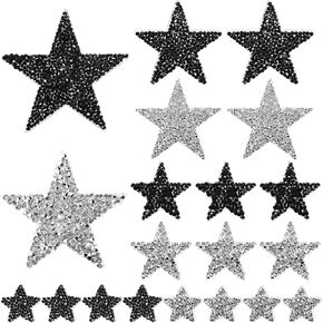 20 Pcs Star Iron On Patches, 4 Size Rhinestone Adhesive Applique Stickers Stars Glitter Crystal Patches for Clothing Jackets Hats Dress Caps and DIY Clothing Repair Black and Silver