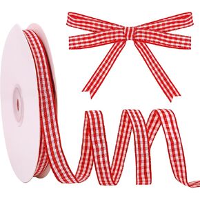 3/8 inch x 50 Yards Red and White Gingham Ribbon, Premium Polyester Material, Ideal for Hair, Gift Wrapping Ribbons, Craft Ribbons, Picnic Decorations, Wedding and Party Decorations