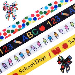 FAKIRO Back to School Threaded Ribbon, School Theme, Pencil and Apple and School Bus Theme,5/8" x 4 Rolls, 20 Yards Total, for Make Back to School Decorations,Teacher Gifts, School Craft Projects