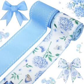 2 Roll 10 Yards Blue Hydrangea Print Coquette Wired Edge Ribbons 2.5inch Burlap Ribbon Vintage Floral Craft Ribbons for Gift Wrapping DIY Craft Wreaths Bow Plaid Ribbon for Home Decor
