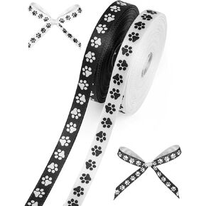 PAW PRINT RIBBON - 4 ROLLS 3/8 بوصة أسود أسود أبيض تحت عنوان DIG DOG PAW PRINT PRINT DIRBONS للتغليف الهدايا ، تزيين حفلة عيد ميلاد الجرو ، الحرف اليدوية - 20 ياردة (2ROLLS -PAW)