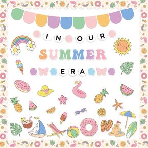 126Pcs Summer Bulletin Board Decorations Set, in Our Summer Era Cutouts Border Trims Sun Beach Name Tags Home School Classroom Hawaiian Tropical Party Supplies Chalkboard Wall Door Decor