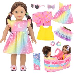 Ecore Fun 18 Inch Doll Accessories Set - 10PCS Bundle with Rainbow Dress, 3-Pieces Doll Outfits, Doll Storage Basket for 18 Inch Dolls, Hairpins, 2 Hairties, Sunglasses, Sticker