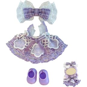 Purple Lace Doll Dress Set with Bow Hair Clip and Shoes, 3 Piece Outfit for 17cm Doll Or Have a Seat lavubu Clothes Collection(No Doll )