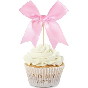 24PCS Bow Cupcake Toppers Pink Bow Birthday Decorations for Coquette Themed Party Decor