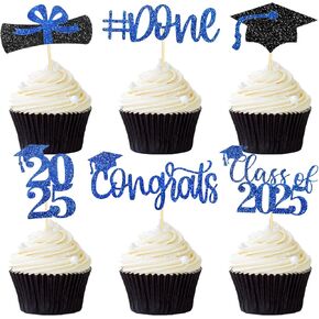 2025 Graduation Cupcake Toppers Blue 24PCS Glitter Class of 2025 Cupcake Toppers 2025 Congrats Grad Cap Diploma Cupcake Picks Graduation Theme Party Decorations Grad Cap Set