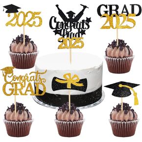24 PCS Graduation Cupcake Toppers Class of 2025 Diploma Grad Cap Appetizer Picks, PLULON Congrats Grad Cake Glitter Topper for 2025 Graduation Party Decorations