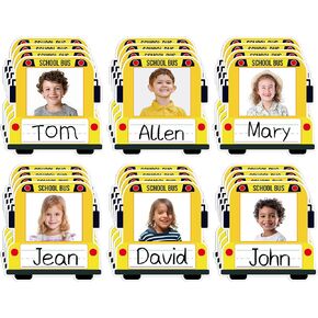 24Pcs Kids Photo Nameplates for Desk Kids School Bus Shaped Name Tags Labels Stickers with Photo Bus Self-Adhesive Bulletin Board Cutouts for Back to School Student Supplies Classroom Nursery Decor