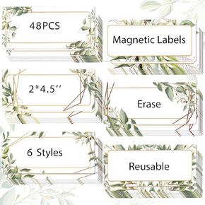 Kanayu 48 Pcs Eucalyptus Magnetic Dry Erase Labels Reusable Name Tag Plate Flexible Magnetic Label Sticker Blank Writable Card for Whiteboard Classroom Home Office Fridge (Classic,1.97 x 4.53 Inch)