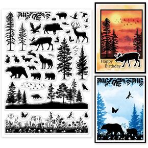 GLOBLELAND Forest Animal Silhouette Clear Stamps Forest Background Clear Rubber Stamps Plants and Leaves Silicone Stamps for DIY Scrapbooking Photo Album Decorative Cards Making 5.83x8.27inch