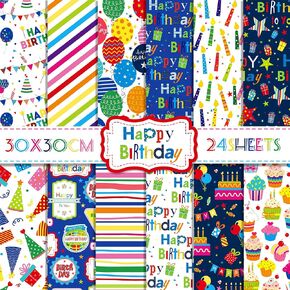24 Sheets Happy Birthday Scrapbook Paper 11.8'' x 11.8'' Candle Balloon Topper Dessert Gift Birthday Themed Pattern Double Sided Decorative Sheets for DIY, Junk Journal,Collage,Decoupage,Card Making