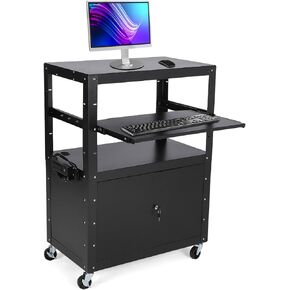 Av Cart with Keyboard Tary and Locking Cabinet, Height Adjustable Laptop Cart,Utility Cart and Pullout Tray - Max Capacity 350 Lbs,with Extra Storage Space, Power Strip