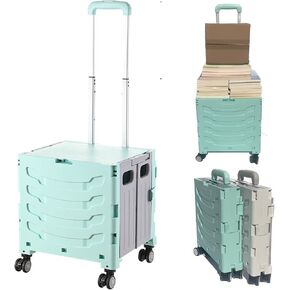 Portable Foldable Rolling Crate, Equipped with Four Silent Swivel Wheels,Suitable for Storing in The car Trunk as a Backup, Daily Light Shopping, Office, Classroom and Grocery Store.(Light Green)