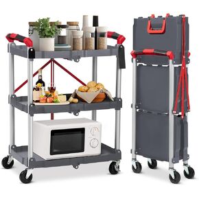 3 Tier Portable Collapsible Service Cart, Foldable Utility Carts, Collapsible Rolling Cart with 360° Ratating Wheels (2 with Brakes) for Home, Office, Garage, and Warehouse