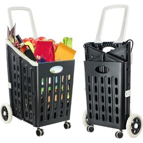 Foldable Shopping Carts, 75L Extra Large Capacity Grocery Cart with 360° Swivel Rolling Wheels, Foldable Collapsible Utility Cart for Laundry Luggage Shopping (Black, 18 * 16 * 35 in)