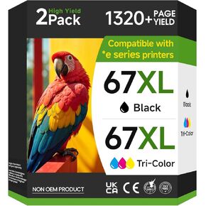 67XL Ink Cartridge Black and Color Combo Pack Compatible for HP Ink 67 67XL Printer Ink for DeskJet 2855e 2755e 2700 2700e 2800e 4155e 4255e 2734e 4100 4100e for Envy 6055e 6400 6455e(2 Pack)