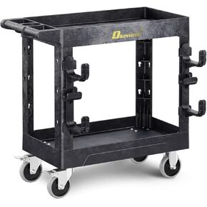 Utility Cart with Max 850Lbs Capacity, 34" x 17" Heavy Duty Rolling Utility Cart, 2 Side Hooks, 360° Swivel Wheels (2 with Brakes), 2 Tier Service Cart for Warehouse/Garage/Garden - Wood Color