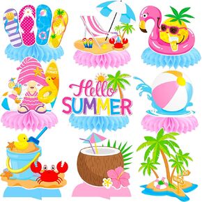 12Pcs Hello Summer Honeycomb Centerpieces Summer Beach Pool Party Centerpieces for Table for Girls Hawaii Beach Party Baby Shower Supplies