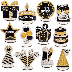 Happy Birthday Table Decorations & Centerpieces - 12-Piece Black & Gold Wooden Glitter Party Decor Set | Elegant & Reusable Birthday Supplies for Men, Women & Kids