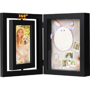 Pet Memorial Shadow Box with Clay Paw Print Impression Kit, Wood Rotating Picture Frame, Dog Memorial Gifts for Cats and Dogs, Personalized Gift Keepsake for Pet Lovers-Black