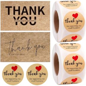 1100 Pcs Thank You Cards and Stickers Set, 100 Business Cards and 1000 Small Business Support Labels, Kraft Brown